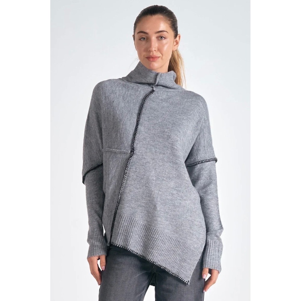 Elan Gray Blanket Stitch Turtleneck Sweater Size M Asymmetrical Acrylic Blend